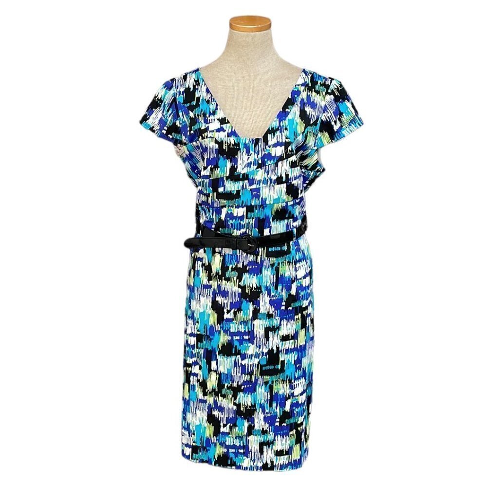 Tahari Roger Dress NWT Sheath Belt Blue Black Print Size 16